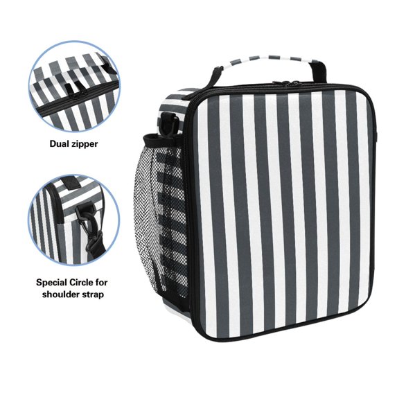 Haosy Dark Gray and White Striped Reusable Lunch Box Men/Women Insulated Lunch Bag for School Picnic Travel