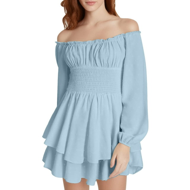 Robe Maxi Décontractée à Volants Superposés pour Femmes, Culottes en Chiffon Col Rond Col en V, Robe Épaules Dénudées, Mini Robe Maxi Décontractée pour Femmes