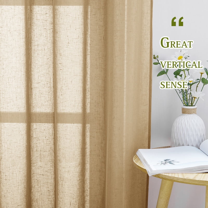 NICETOWN Camel Sheer Linen Curtains, Grommet Semi Sheer Linen Window Treatment Linen Weave Vertical Drapes Privacy with Light Filter for Living Room, 52"x90", 1 Pair