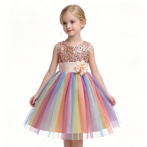 Toddler Girls Sparkly Sequin Rainbow Tulle Dress Soft Cotton Lining Flower Waist Princess Gown for Special Occasion Photoshoot Halloween