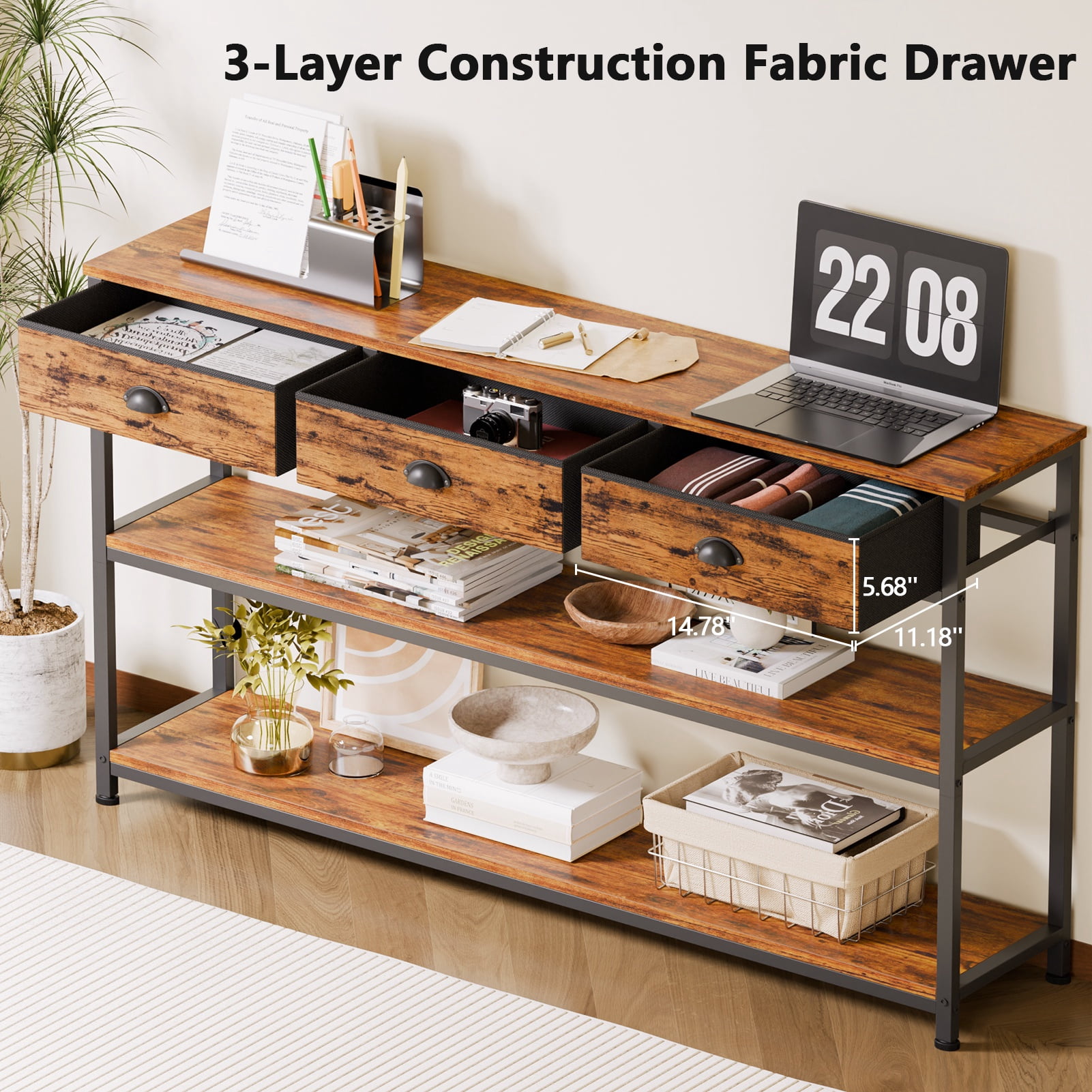 Satifur 47" Entryway Table with 3 Fabric Drawers, Console Table Metal Frame Sofa Table with 2 Shelves for Living Room and Hallway,Brown