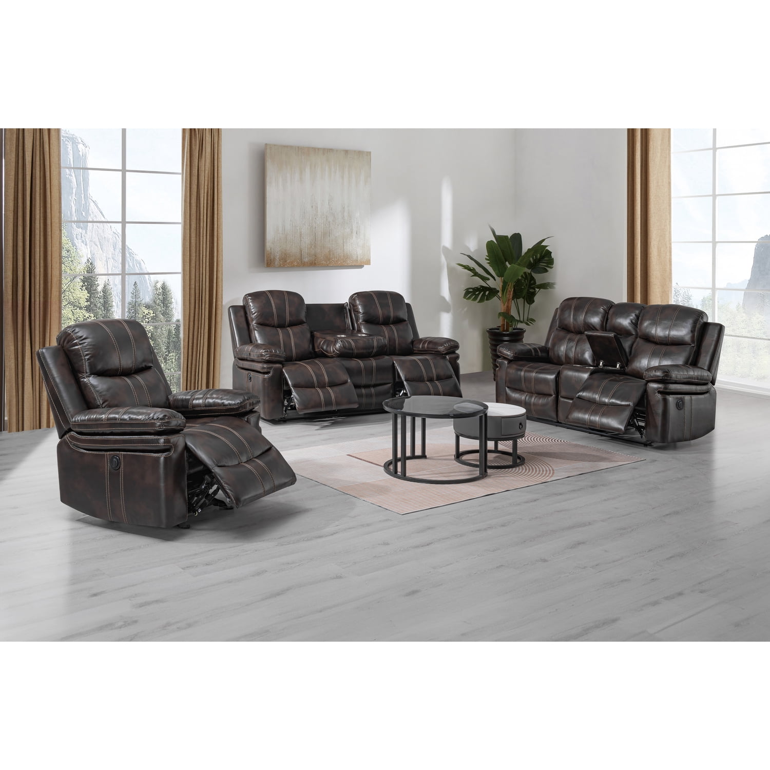 New Classic Furniture Kellen Faux Leather Power Sofa with Dropdown Tray in Brown
