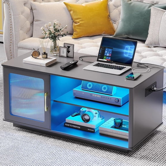JDPAG Auto Sensor 3-Color Dimmable LED Coffee Table with Human Body Sensor,Living Room Table with 2 Outlets & USB & Type-C Ports,Dining Table with Drawer & Shelves for Living Room