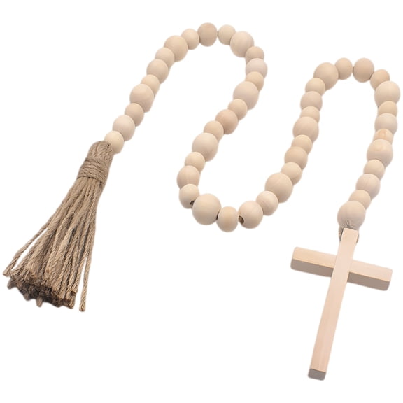 Wood Bead Garland with Cross Pendant, 35.4 in Farmhouse Style Wooden Beads String, Rustic Tassel for Tiered Tray, Vase, Window, Wall Decor & Home Adornment