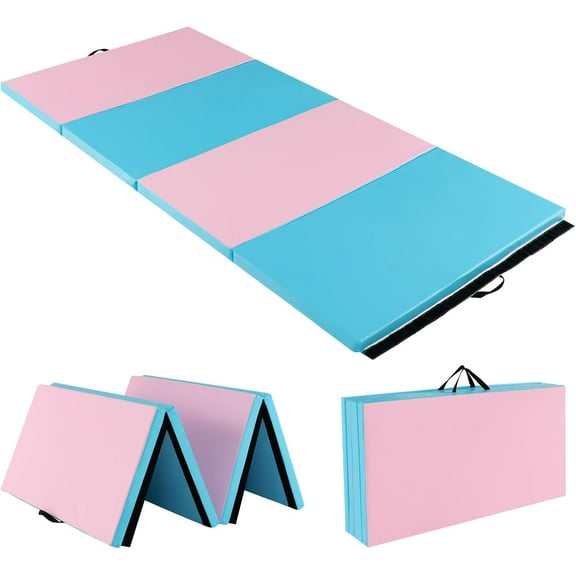 NALYL 4'x8' Gymnastics Mat, 2" Thick Folding Tumbling Mat with Carrying Handles, Foldable Gym Mat with Hook and Loop Fastener, Cheer Mats for Kids Adults Home Exercise Aerobics Fitness, Blue/Pink