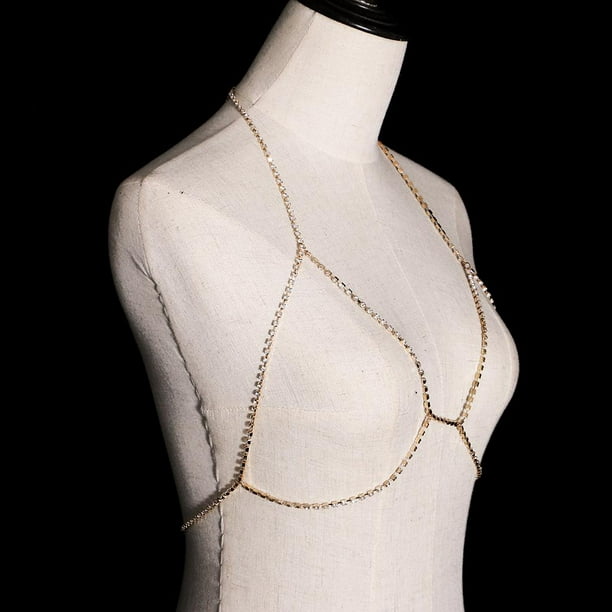 Esquirla Fashion Women Crystal Gold Bikini Bra Body Chain Harness