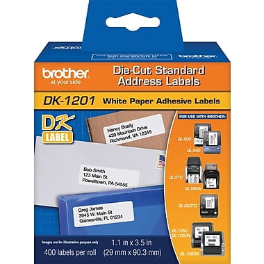Brother Die-Cut Address Labels, 1-1/10" x 3-1/2", White, 400/Roll