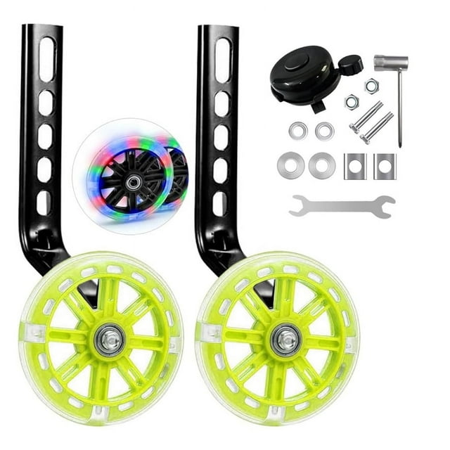 5.3 Inch Flash Training Wheels for 12-20 Inch Kids Bikes, Steel Bracket & Plastic-Rubber Wheels, Universal Fit, Includes 2 Support Rods, Bolts, Washers, Locking Nuts, Limit Spacers, Wrench, Socket