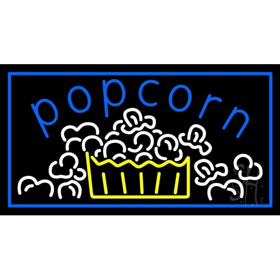 Blue Popcorn With Border LED Neon Sign 13" Tall x 24" Wide - inches Black Square Cut Acrylic Backing, with Dimmer - Premium built indoor Sign for Cinema, Storefront.