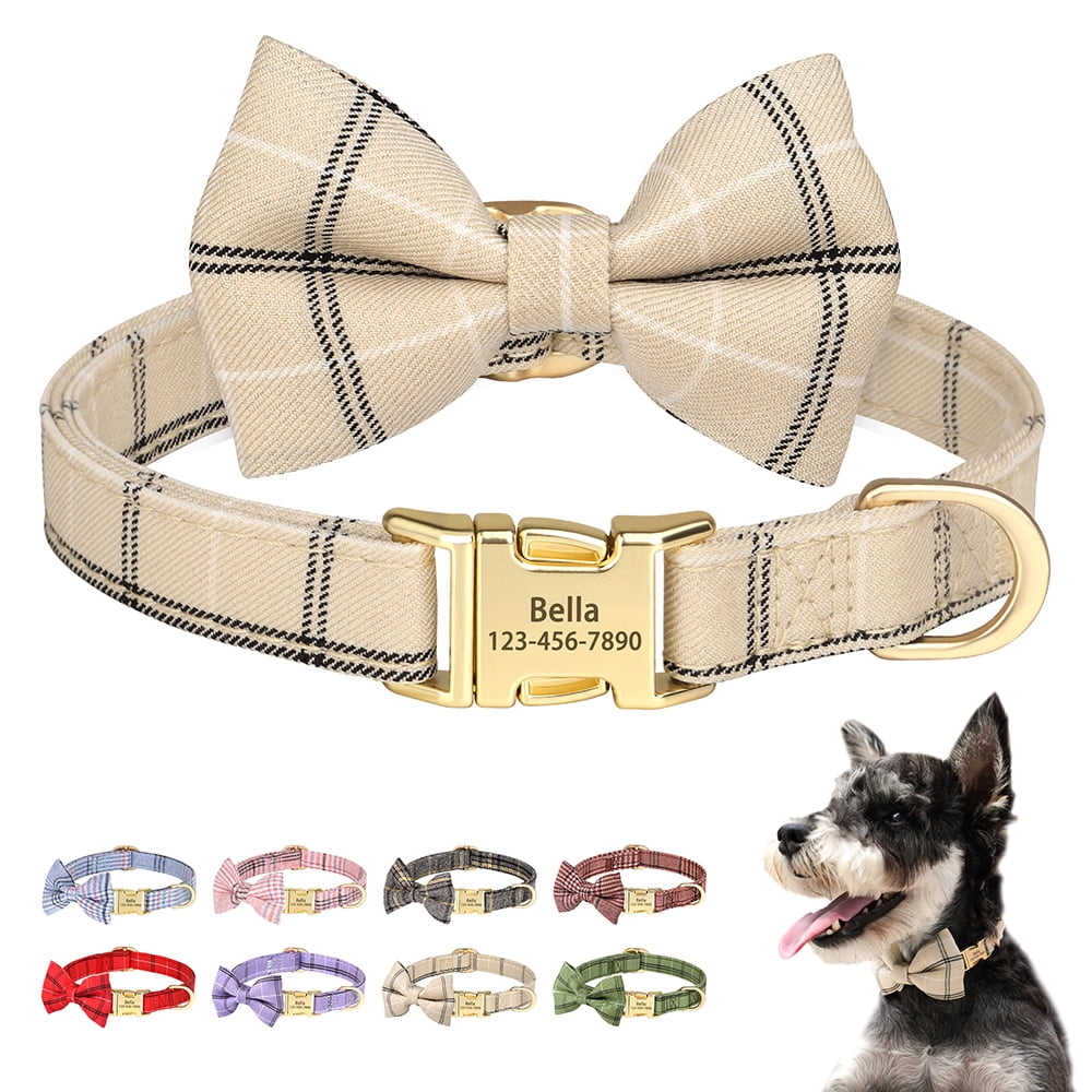 Didog Personalized Dog Collar Cute Bow Tie Custom Pet Name Engraved Metal Buckle 2XS-S