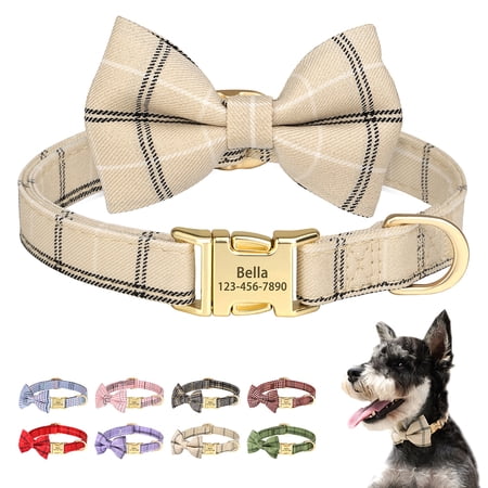 Didog Personalized Dog Collar Cute Bow Tie Custom Pet Name Engraved Metal Buckle 2XS-S