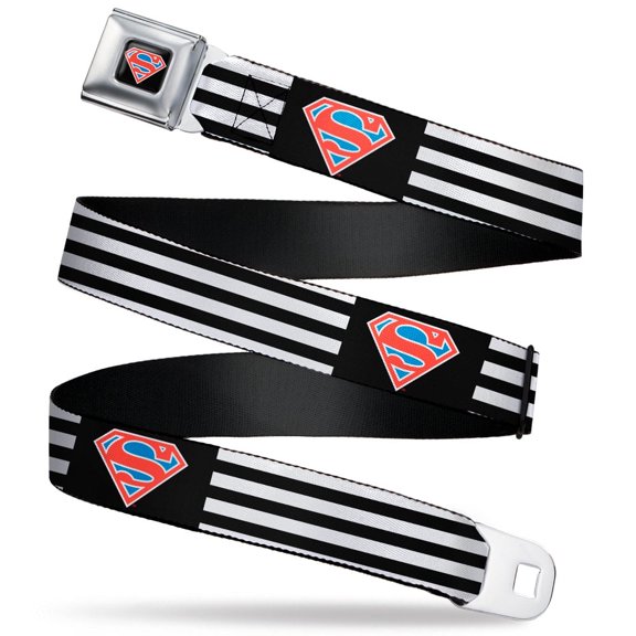 DC Comics Seatbelt Buckle Belt, Superman Shield Flip Americana Stripes Black White Red Blue, 24 to 38 Inches