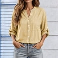 thumbnail image 4 of ClodeEU Women's Stand Collar V Neck Button Down Roll Tab Long Sleeve Striped Shirt,Casual Loose Blouse Top Yellow,Women's Plus XL, 4 of 8