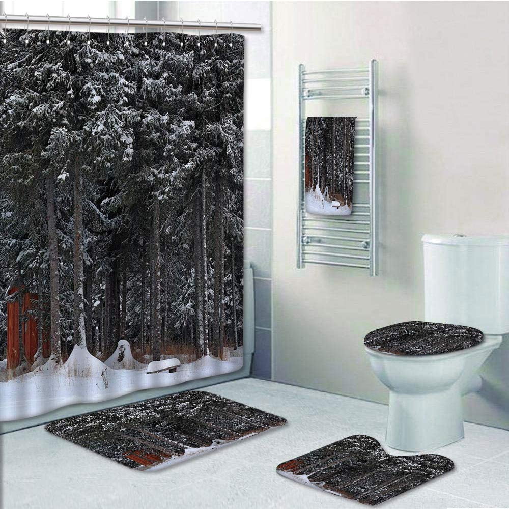 Forest in winter snow Shower Curtain Toilet Cover Rugs Bath Mat Contour Rug Set 