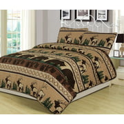 Queen Quilt Set 3 Piece Comforter Bear Elk Log Cabin Lodge Rustic