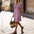 thumbnail image 6 of Ecqkame Women's Linen Dresses Spring Summer Solid Color V Neck Short Sleeve Loose Casual Dress Lightweight Comfortable Dresses Purple XXL, 6 of 8