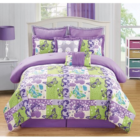 8 Piece Butterfly Purple Green Comforter Set Walmart Com