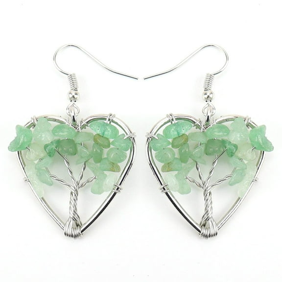 ERDOUY Personalized Natural Stone Earrings, Handmade Natural Crystal Stone Love Heart shaped Life Tree Stone Earrings, Couple Peach Heart Earrings (Green)