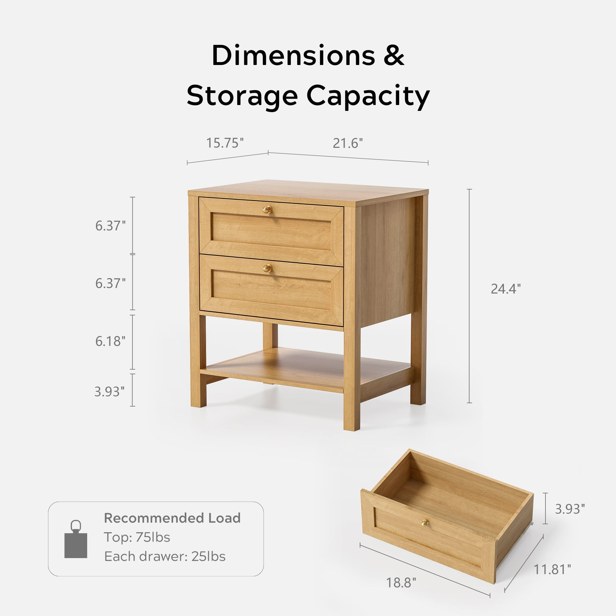 EYYTHUNG Large Nightstand with 2 Drawers, Large Farmhouse Wood Bedside Table with Open Shelf, 22" Wide Tall End Table for Sofa, Bedroom, Natural Oak