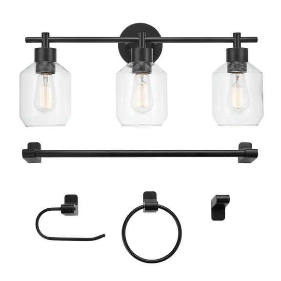 Globe Electric Contemporary 5-Piece Black Bathroom Set with 3-Light LED Vanity Light, No Battery