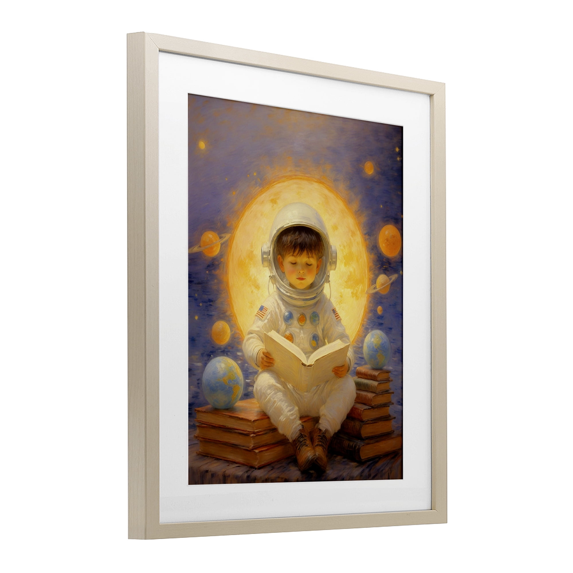 Astronaut Child Learning Birch Framed Print Under Glass, design by Angie Hawke