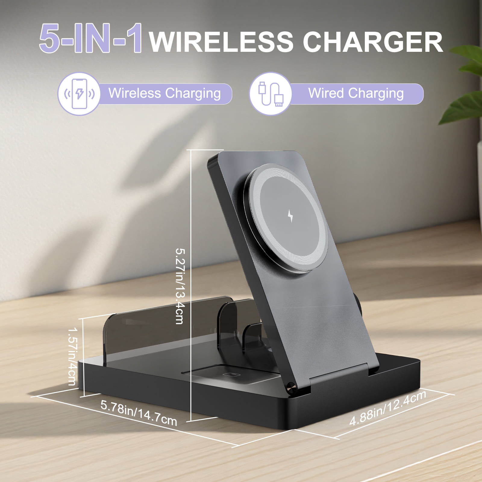 Charging Station, Wireless Charger, 5 in 1 Phone and Watch Charger for iPhone 17 16 15 14 13 12, for Apple Watch, Wireless Charger Station for AirPods 4 3 2, for iPad, Black