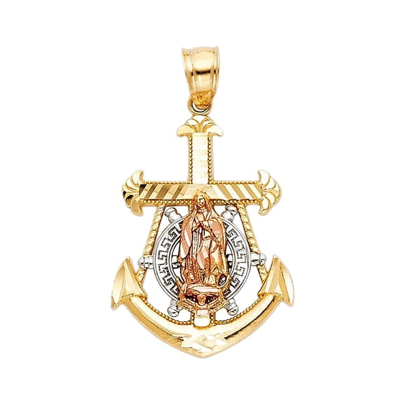 14K Tri Color Gold Guadalupe Anchor Religious Pendant | 3C Gold Charm Pendant for Necklace Chain | Jewelry Gift for Men Women | 28 x 18 MM | 1.9 grams