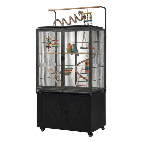 Unipaws 65" Bird Cage with Storage Cabinet & Clear View Front Doors, Rolling Metal Parakeet House with Stand