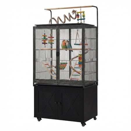 Unipaws 65" Bird Cage with Storage Cabinet & Clear View Front Doors, Rolling Metal Parakeet House with Stand