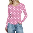 thumbnail image 3 of YOIAVAIOY Women Ribbed Knit Long Sleeve Shirts Slim Fit Basic Tee Casual Polka Dot Crew Neck Going Out Textured Tops Pink M, 3 of 6