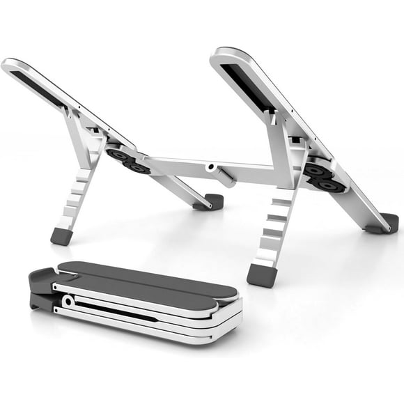 SDES-ZenRich Foldable Laptop Stand – Ergonomic Aluminum Riser with 6 Adjustable Heights, Compatible with MacBook, Dell, Asus, HP, Lenovo, Samsung, Razer, MSI (Up to 15.6''), Silver/Black