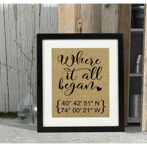 Darling Souvenir Coordinates Address Burlap Print Personalized Wedding Engagement Latitude Longitude Sign Couple Gift-Burlap Print Only(8 x 10 Inches)
