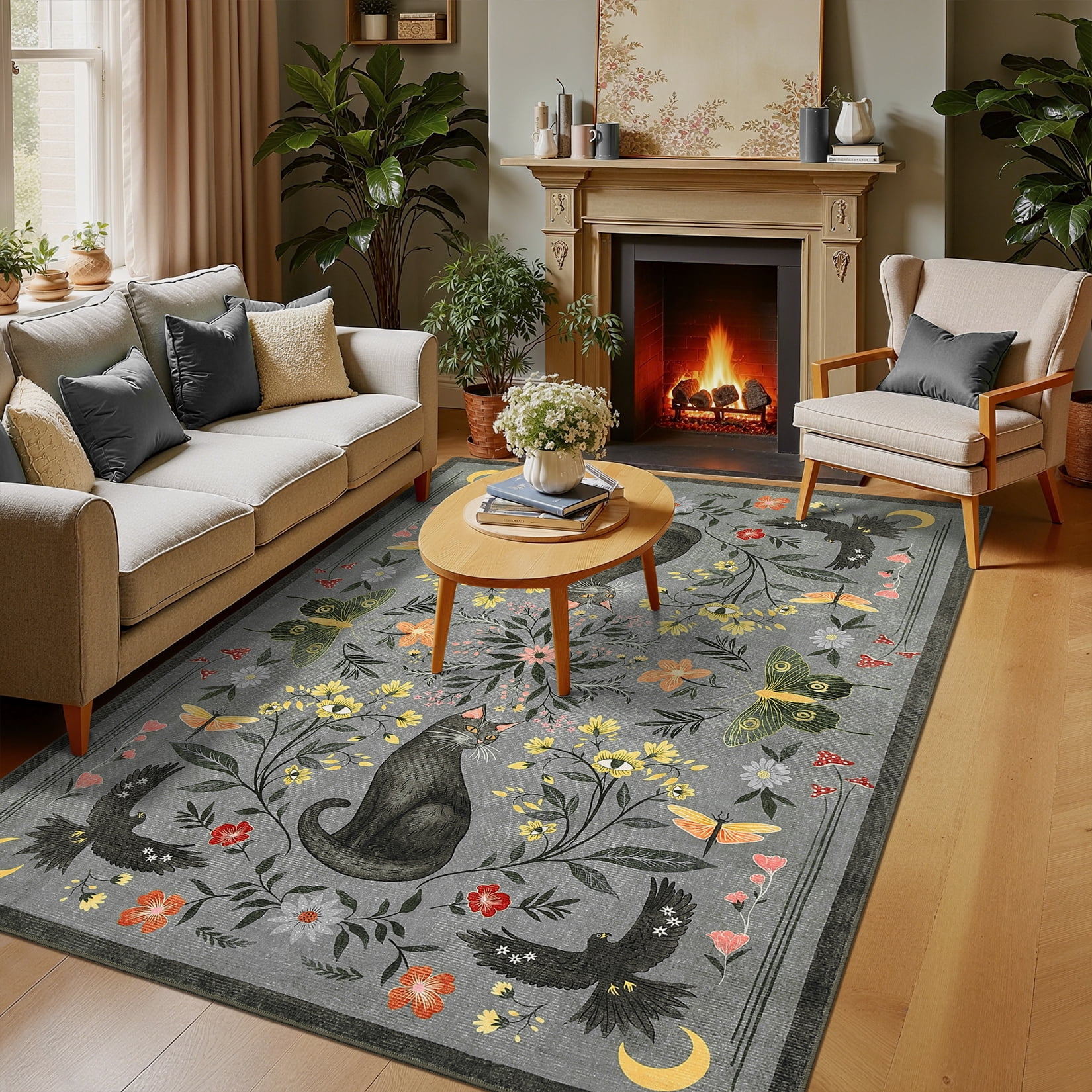 Garvee 5'x7' Boho Area Rug Cat Floral Pattern Carpet, Vintage Washable Rug Non-Slip Indoor Accent Carpet for Living Room Bedroom Home Office, Gray