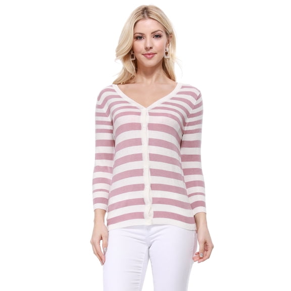 YEMAK Women's 3/4 Sleeve V-Neck Stripe Regular Fit Button-Down Sweater Cardigan-MAUVE-M