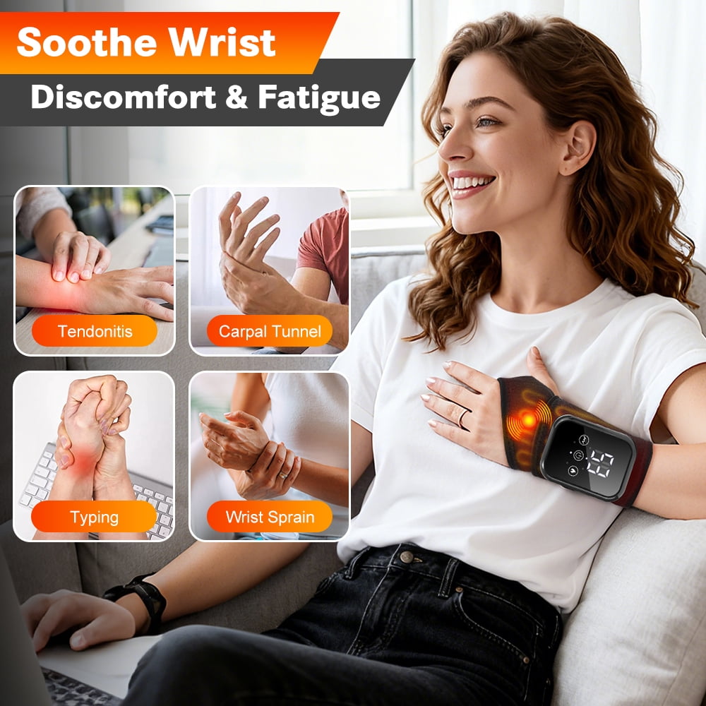 ROMYSE Cordless Wrist Heating Pad for Tendonitis & Carpal Tunnel Relief – Rechargeable Heated Wrist Brace with 3 Heat & 3 Vibration Modes, Electric Hot Compress Wrist Wrap,2PCS