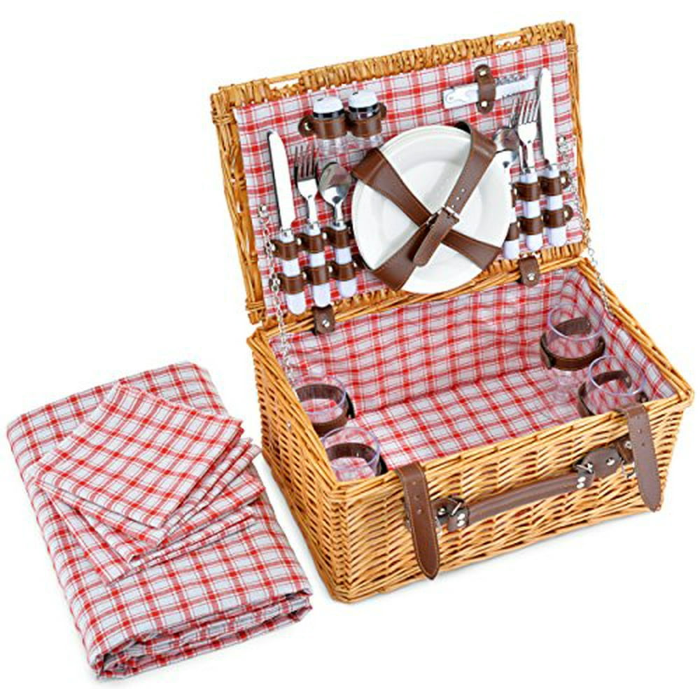 Picnic Basket for 4 Person Red Picnic Hamper Set Folding Picnic