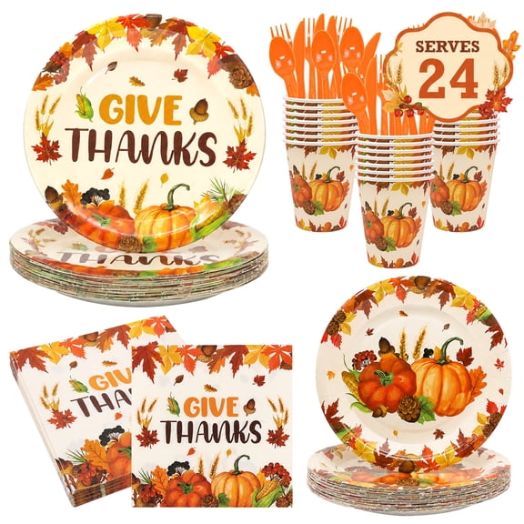 Thanksgiving Paper Plate Disposable Pumpkin Plates and Napkins Sets for Fall Thanksgiving Party Supplies Serves 24
