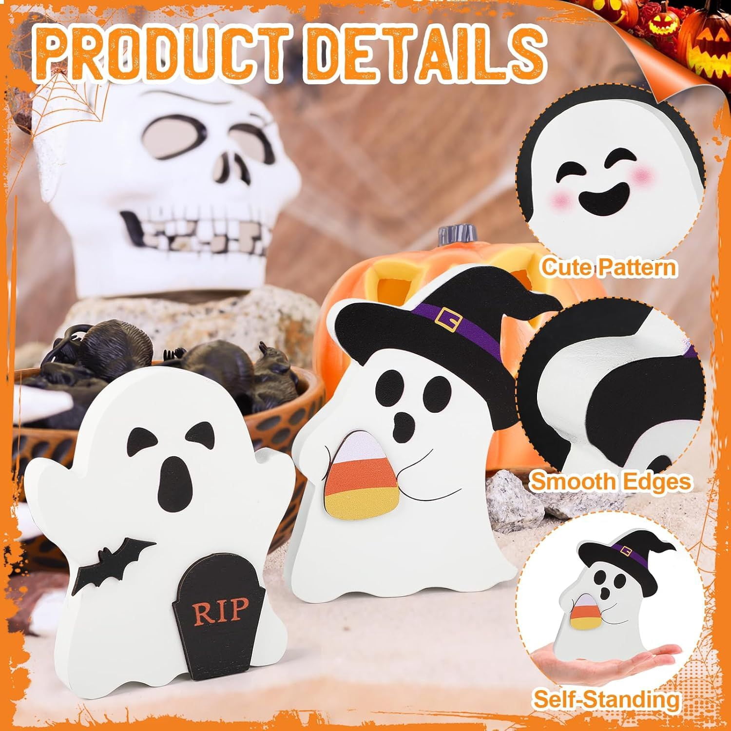 Set of 3 Cute Wooden Ghost Tiered Tray Decorations for Halloween Home Decor