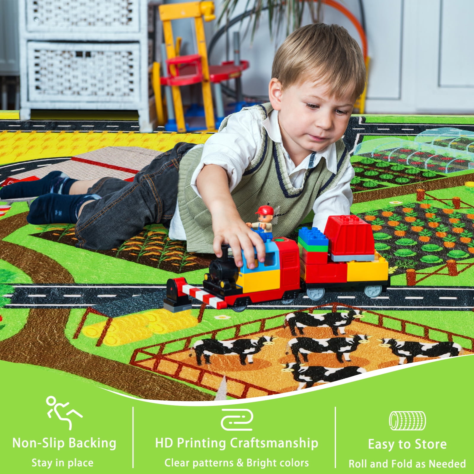 Kids Rug Car Rug for Toy Cars,Farm Life Road Traffic for Playroom Kid Car Road Rug Village Map Play Mat Non-Slip Washable Play Rug for Toddler Boy Family Tummy Time Playtime