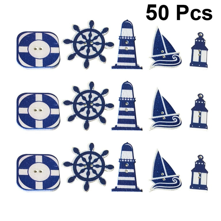 50Pcs Nautical Theme Buttons DIY Wooden Clothes Buttons Sailboat Lighthouse Life Buoy Rudder Design Button Mixed Style