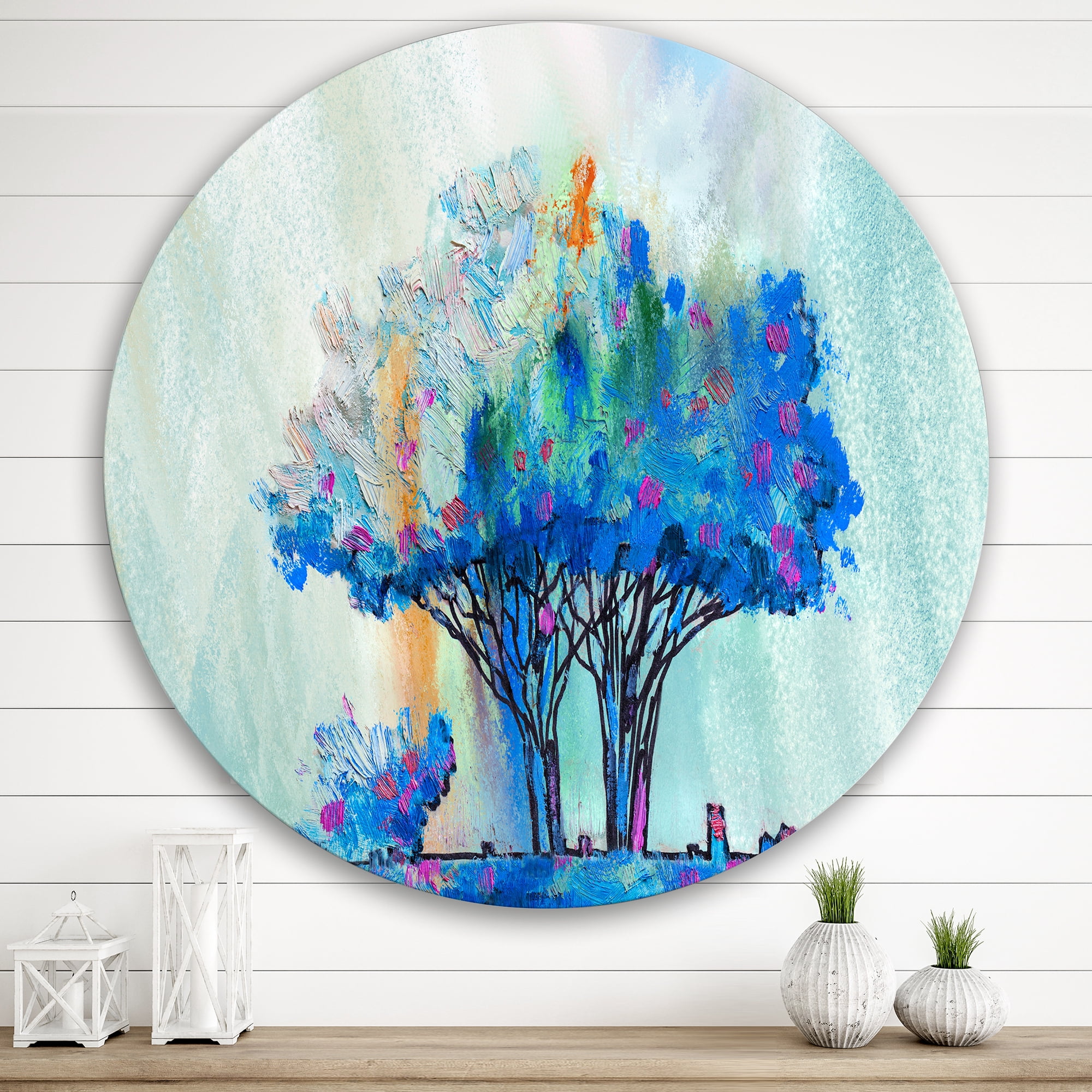Designart 'Blue Coloured Tree Abstract Impression I' Modern Circle Metal Wall Art 36x36 - Disc of 36
