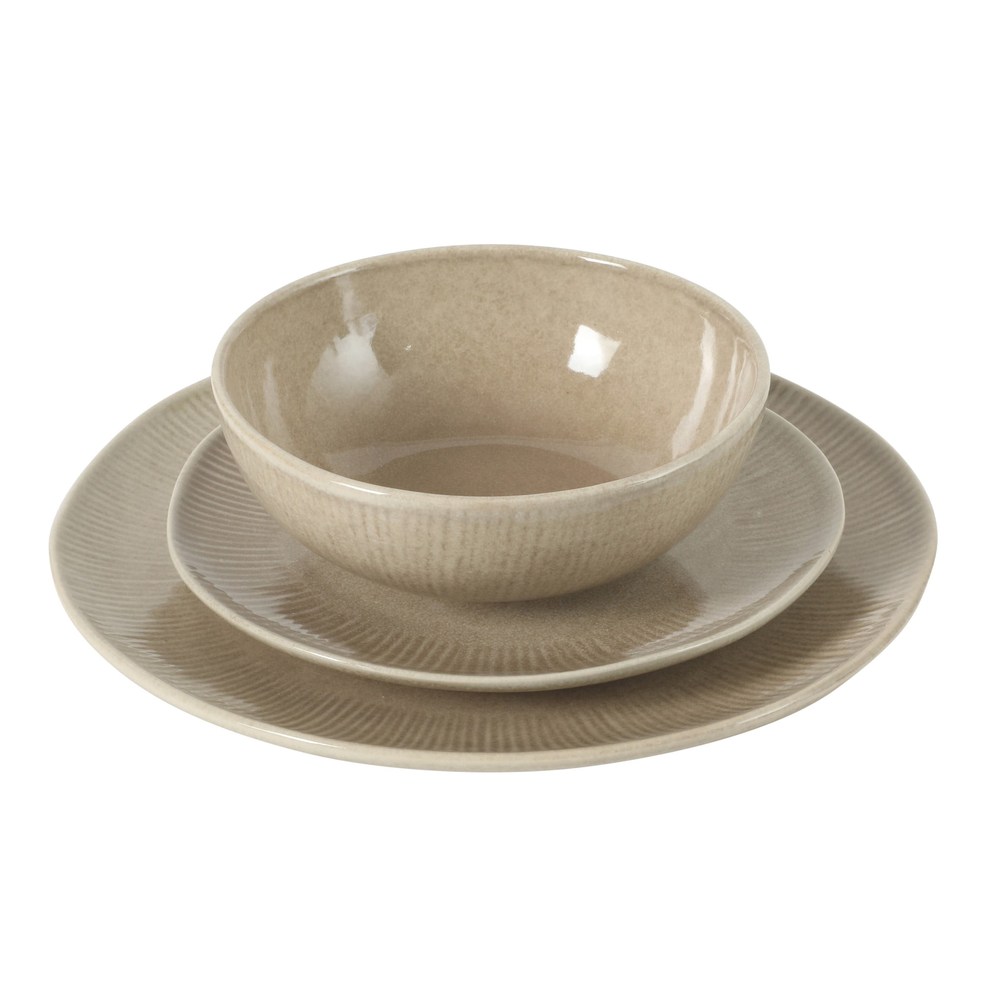 Gibson Elite Sandy Pines Stoneware Plates and Bowls Set - 12 Piece Reactive Glaze Dinnerware Set - Service for 4 - Dishwasher and Microwave Safe - Cream Taupe