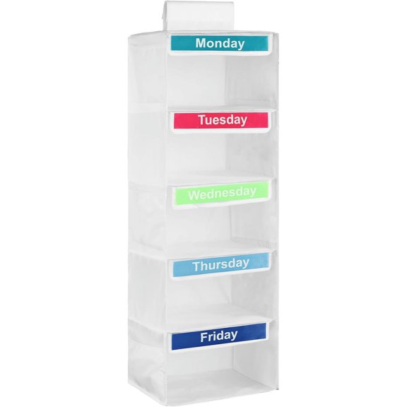 KEMEINILI Clothes Organizer for Kids, 5-Shelf Weekly 33-Inch Hanging Closet Storage Unit for School Outfits, Monday Through Friday Daily Clothing Divider for Boys and Girls