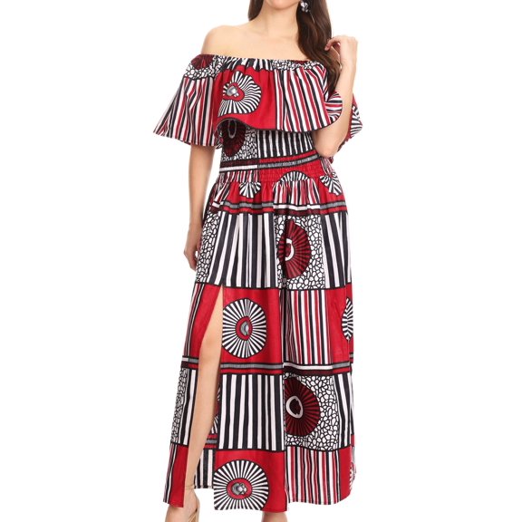 Sakkas Buhle Ruffle Off-shoulder Long Dress Wax African Ankara Dutch Print - 411-burgundy/geometric - One Size Regular