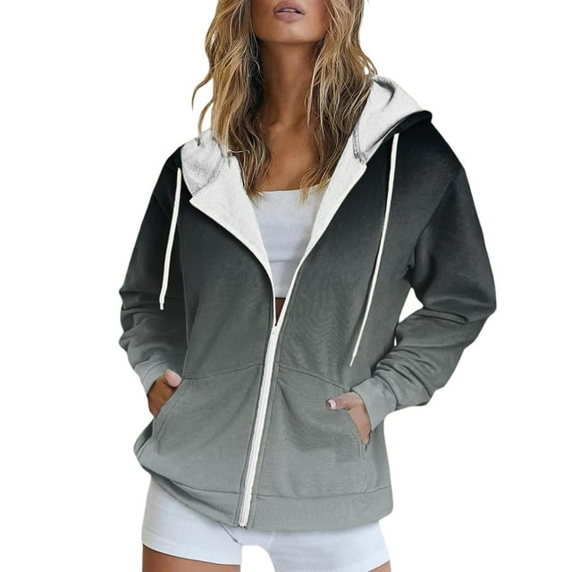 VBARHMQRT Funny Hoodies Women's New Comfortable and Fashionable Color Block Printed Zipper Top Hooded Sweater