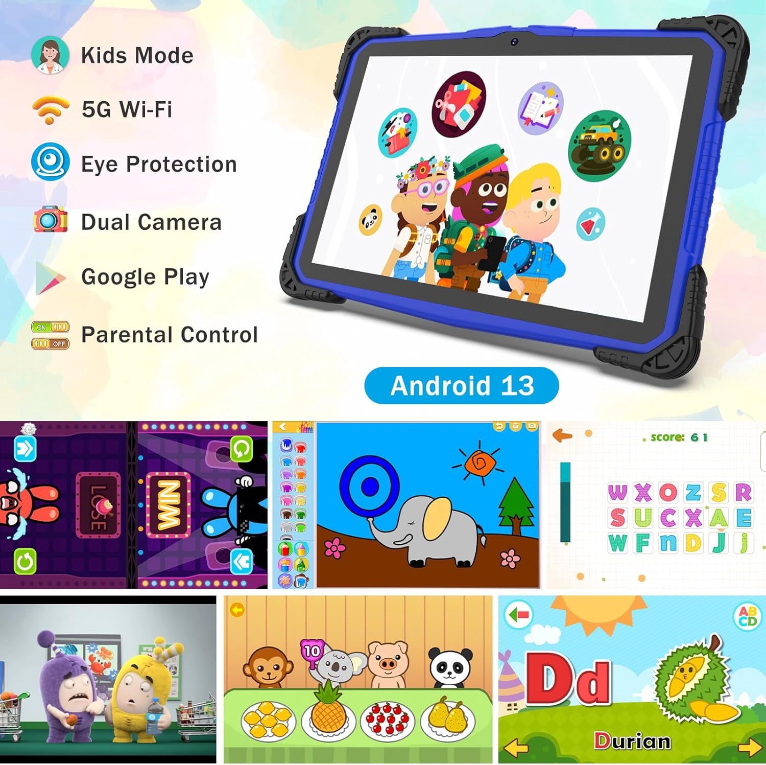 10.1 inch Android 13 Tablets 8GB+64GB Quad Core Tablet, IPS Screen, 8.0 MP Camera, Wi-Fi, Bluetooth, GPS, FM Tablet PC Black