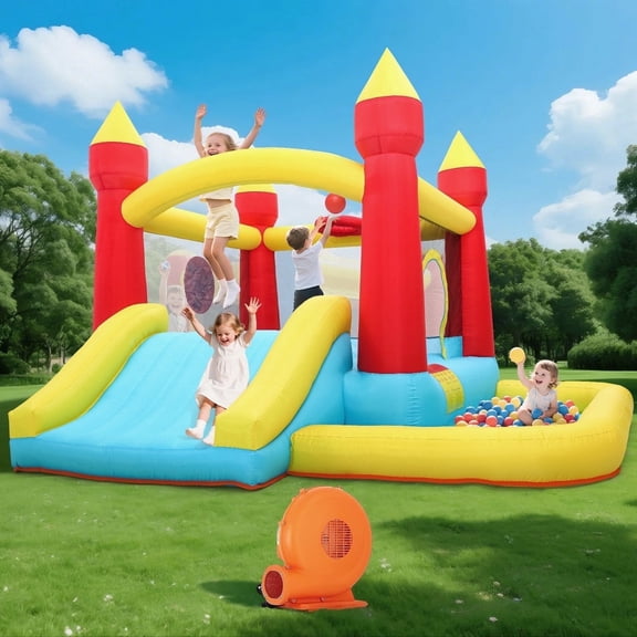Toiyjofe Inflatable Bounce House with Slide & Ball Pit, Kids Bouncy Castle with Blower, Backyard Play Center for Kids 3-6, Indoor Outdoor Party Use