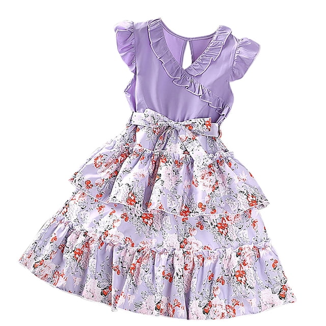 Chandails pour Filles Taille 8 Robe de Demoiselle d'Honneur en Robe d'Été à Manches Volantes Imprimé Floral