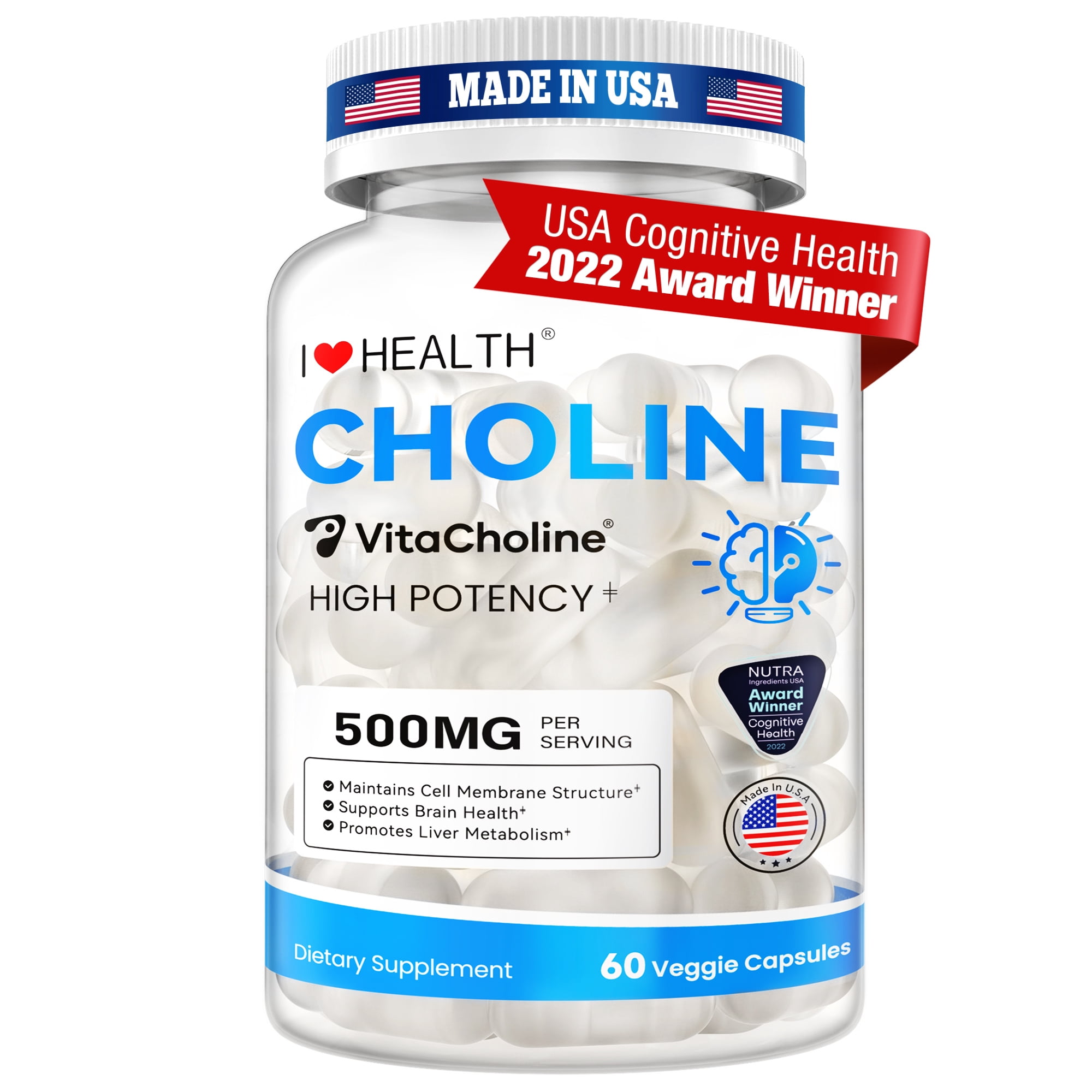 Choline Brain Food - 500mg VitaCholine ® Liquid Choline Supplement - Supports Pregnancy & Baby Brain & Liver Health - Cognitive Function - 60 Capsules