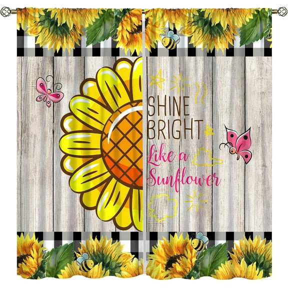 Sunflower Blackout Windows Curtains Rustic Farmhouse Wooden Panels Sunflower Plants Buffalo Black and White Plaid Applicable Bedroom Living Room Home Decoration Curtain，2 Panel Sets,42X63 Inch